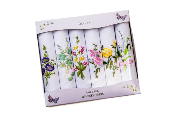 Presentation Boxes of Floral Embroidered Ladies Handkerchiefs (6 Pack)