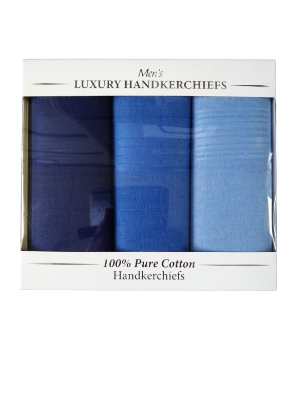 Presentation Box of Blue Cotton Handkerchiefs (3 Pack)