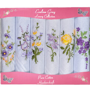 Presentation Boxes of Floral Embroidered Ladies Handkerchiefs (6 Pack)